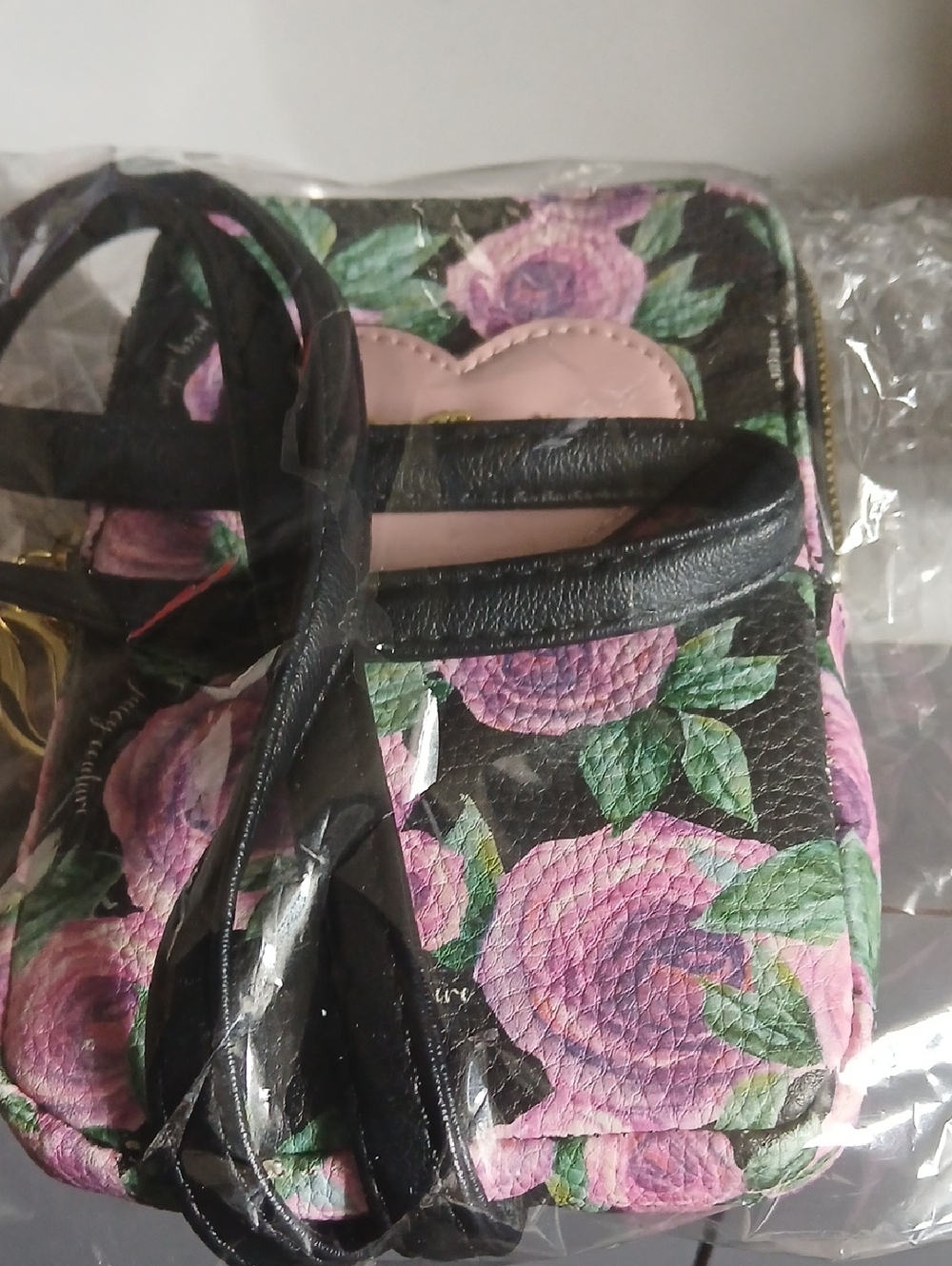 Juicy Couture Black Crossbody with Pink Rose Print and Green Leaves